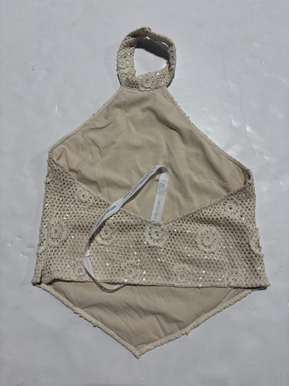 OW Collection Collette Halter Top Womens L US 10 Beige Crochet Sequin Backless N